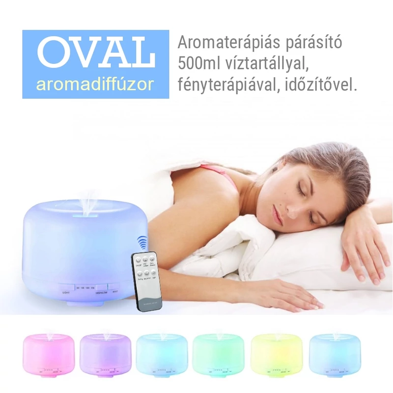 Aroma diffúzor 7 színű LED világítással, időzítővel, távirányítóval Oval - 500ml