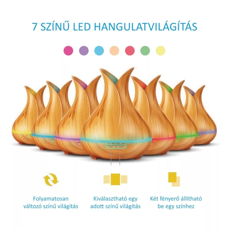 Aroma diffúzor 7 színű LED világítással, távirányítóval Tulip világos fa - 400ml